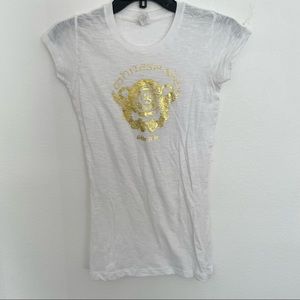 Whitesnake Top Womens Size Small White Gold Metallic Slide It In Rock Band Sheer